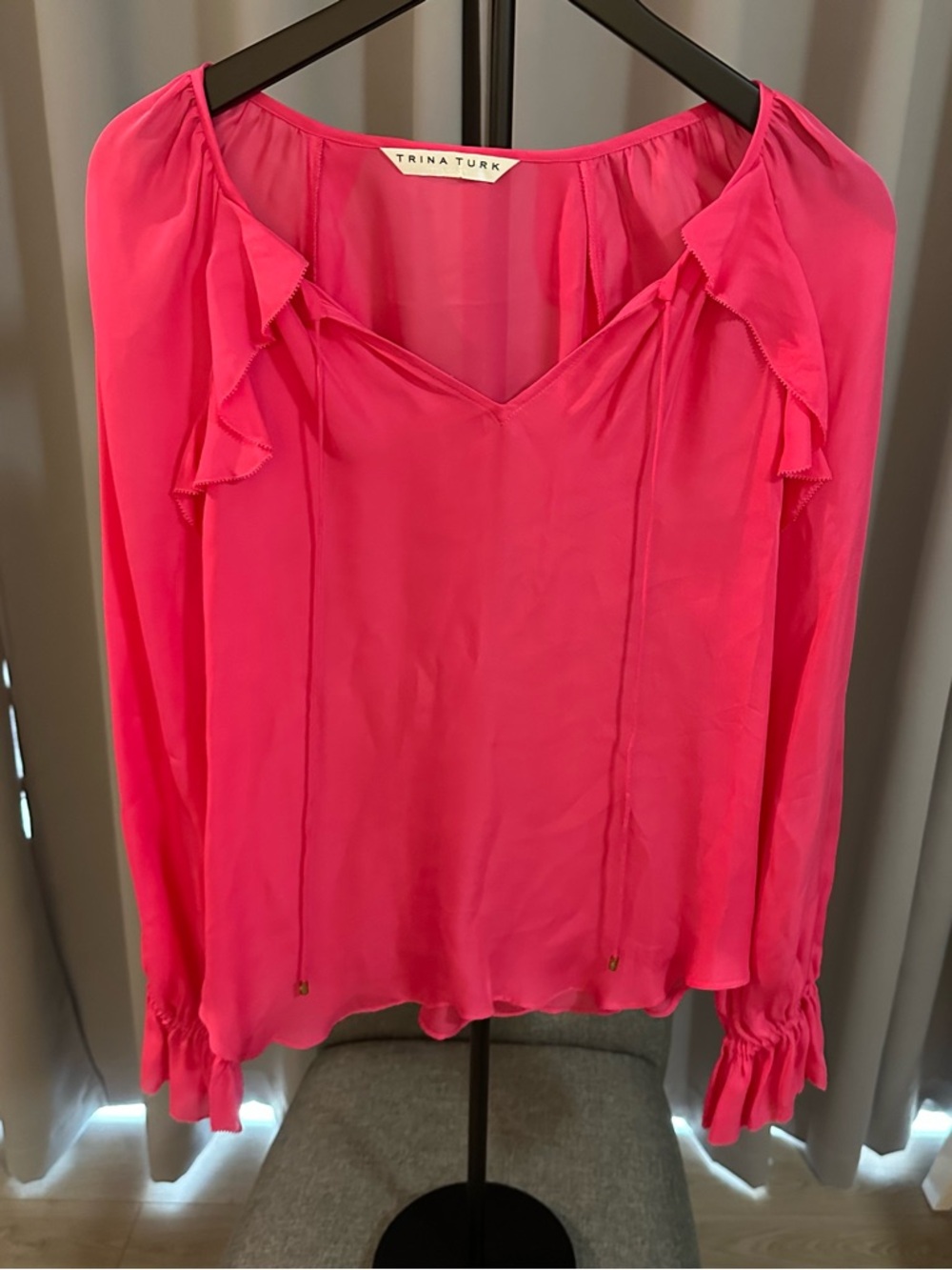 Trina Turk Hot Pink Ruffle Tie-Front Long Sleeve Blouse
